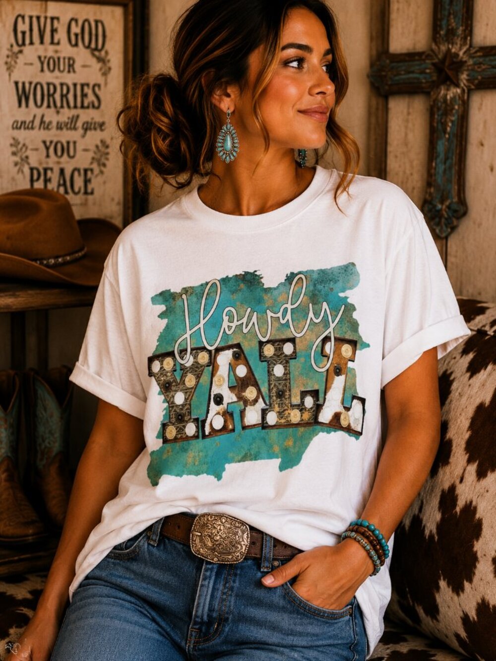 Howdy Y'all Western Graphic T Shirt Trendy Boutique Style Tee Womens Gift White